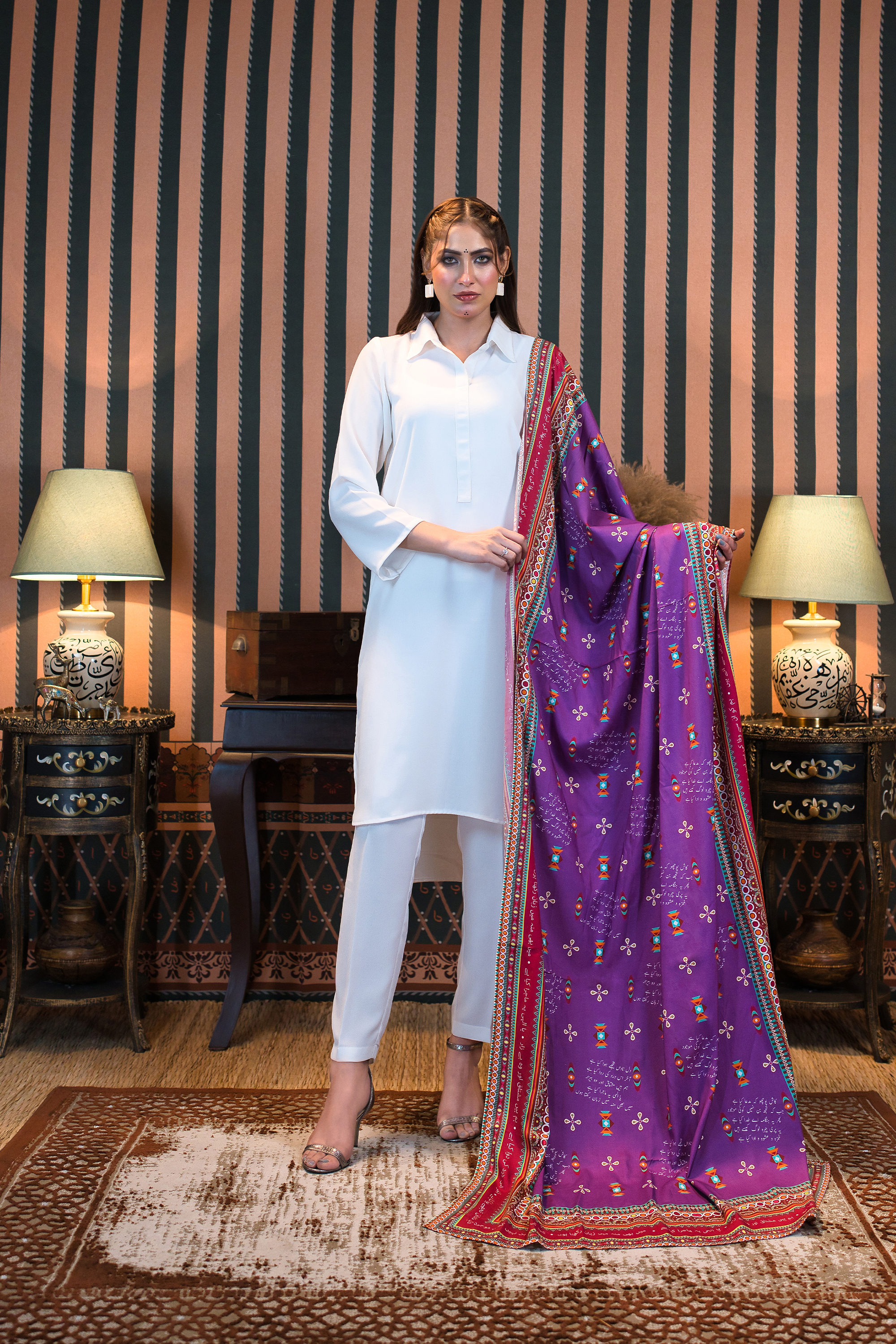 White Co-Ord Set with Hangma Purple Dupatta
