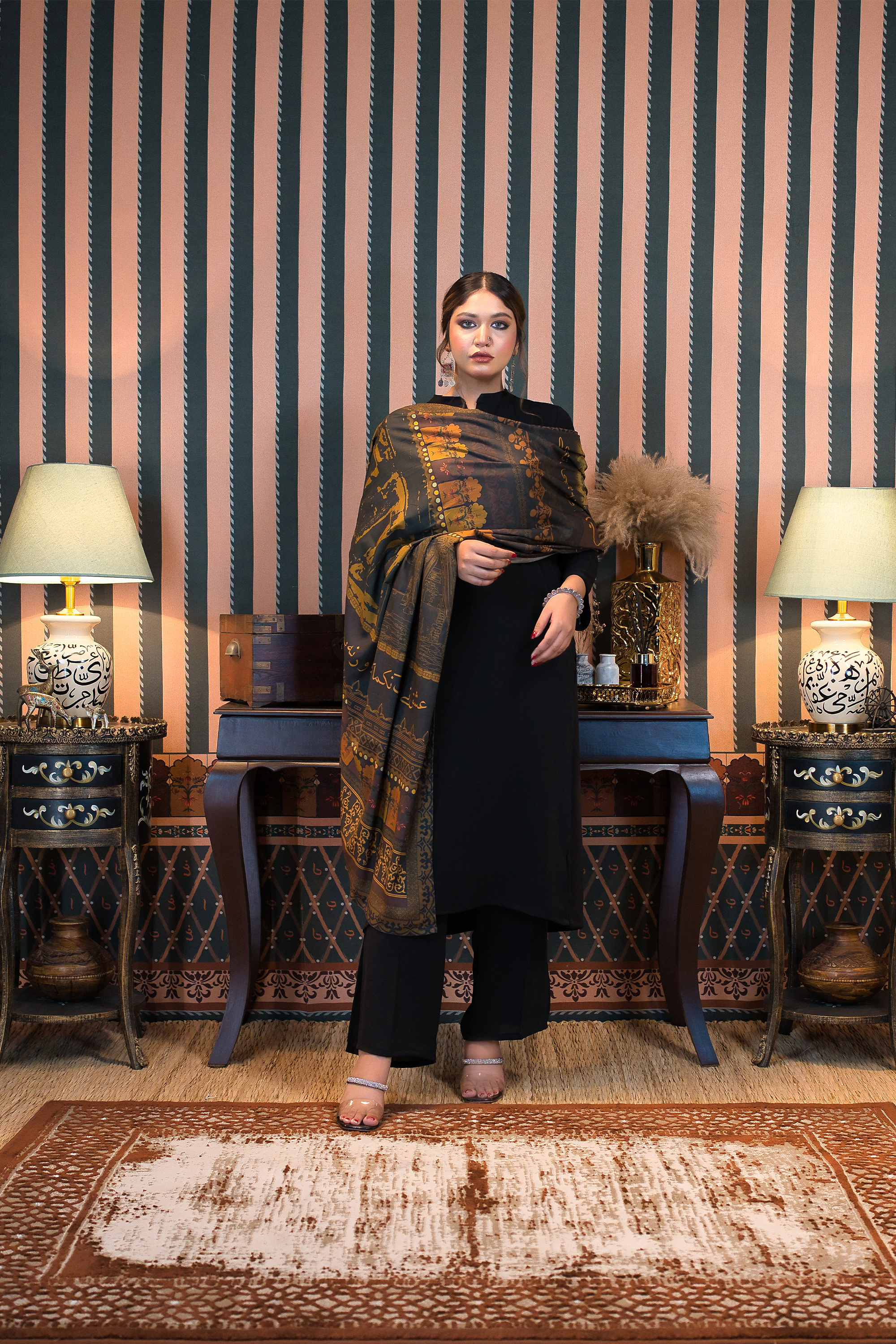 Black Co-Ord Set With Ghalib Poetry Orange & Black Dupatta