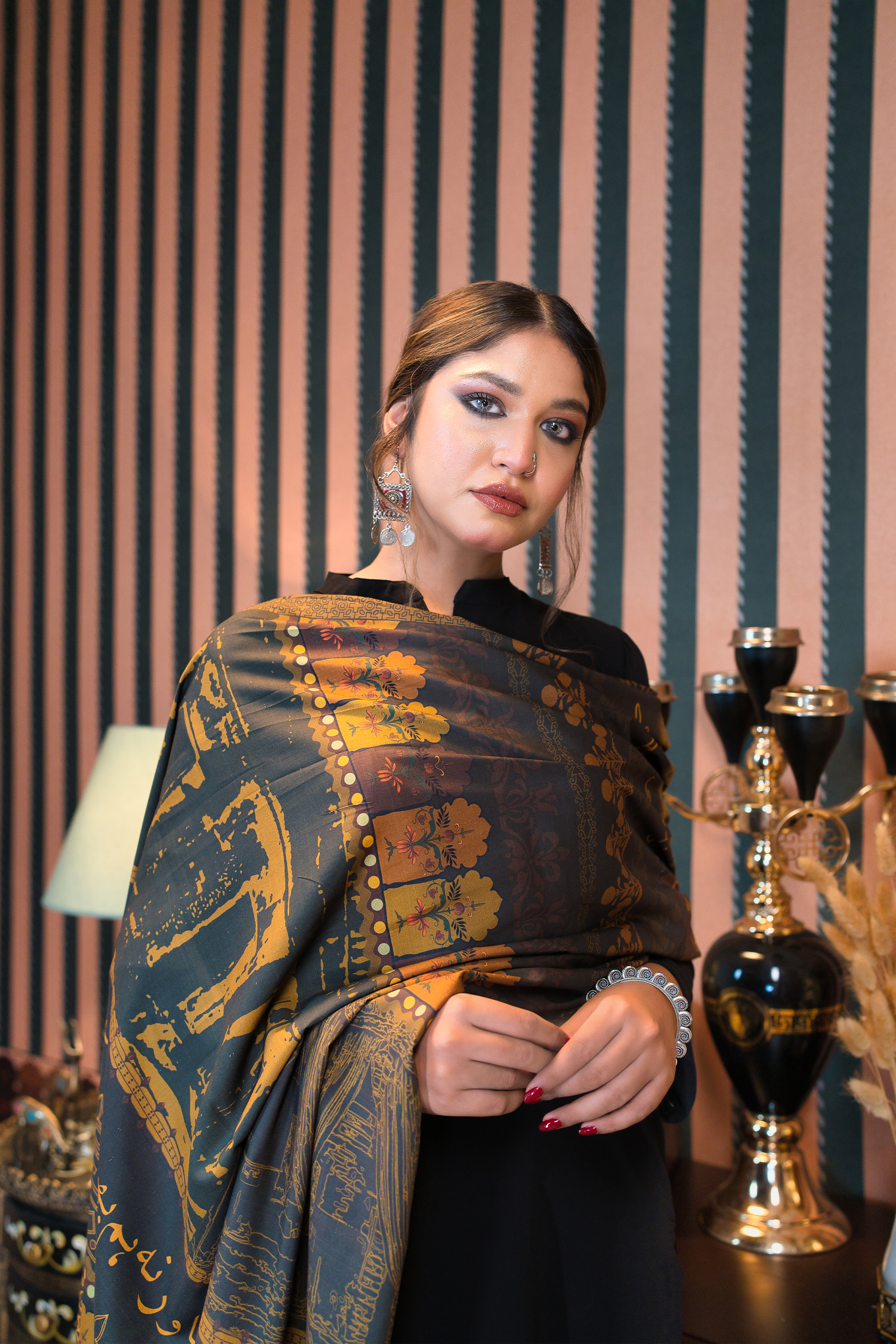 Black Co-Ord Set With Ghalib Poetry Orange & Black Dupatta