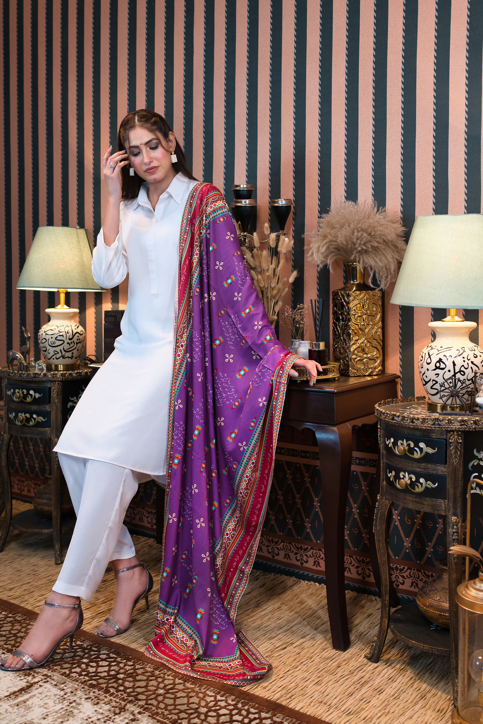 White Co-Ord Set with Hangma Purple Dupatta