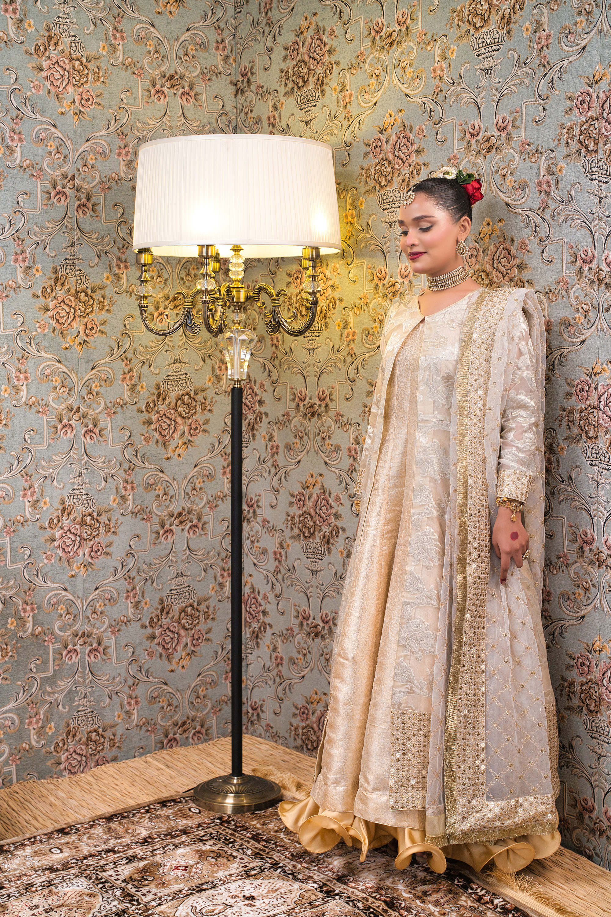 Double Layer Round Neck Maxi With Net Dupatta