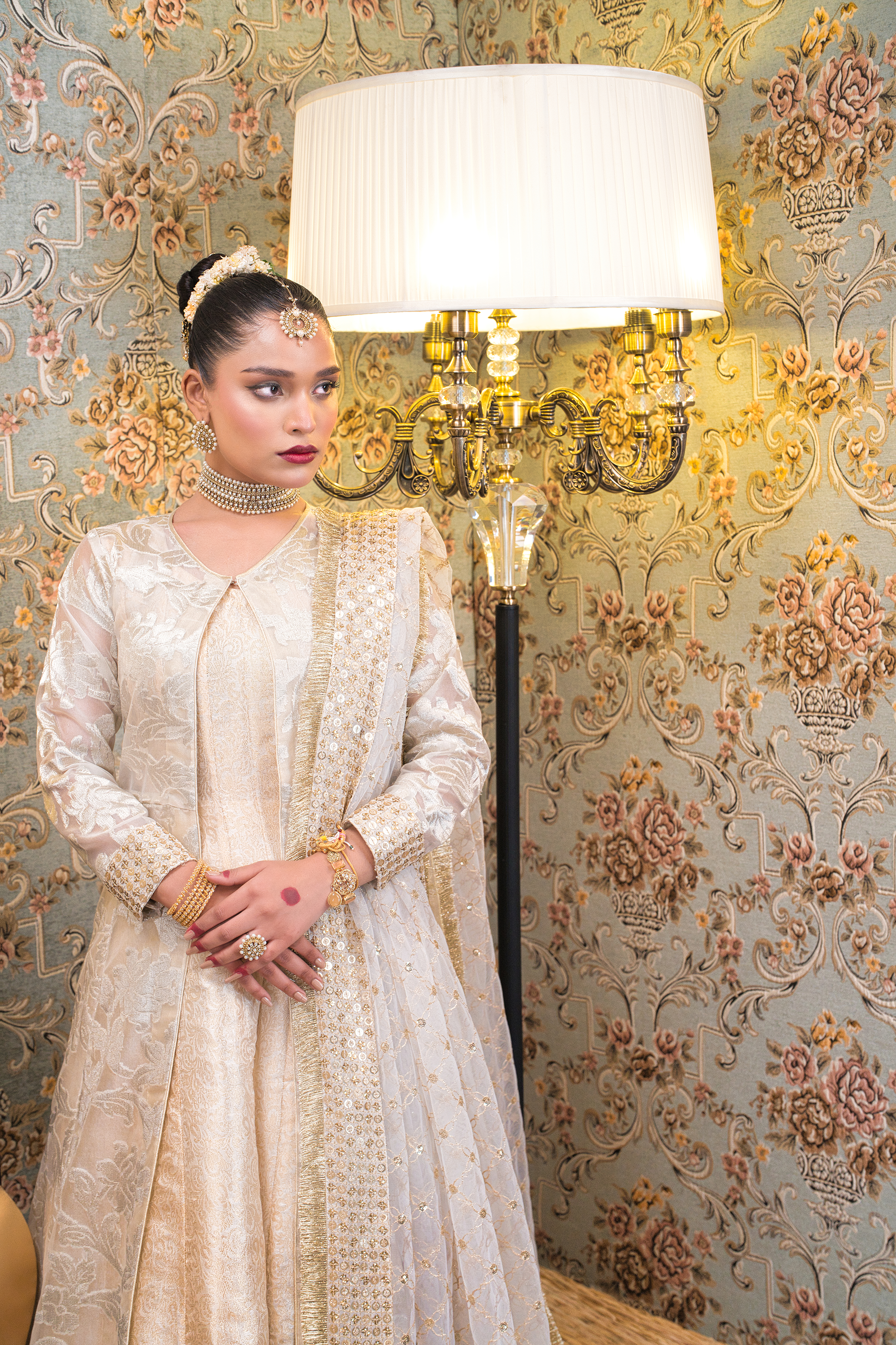 Double Layer Round Neck Maxi With Net Dupatta
