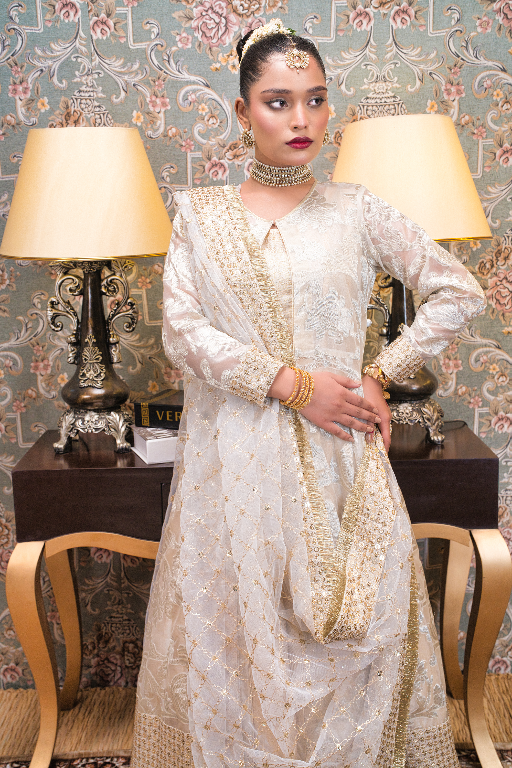 Double Layer Round Neck Maxi With Net Dupatta